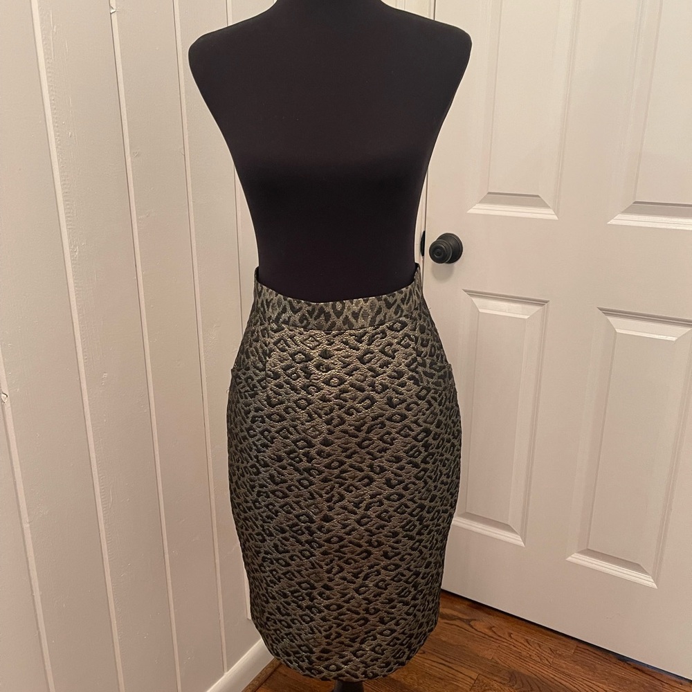Tibi Black and Gold Animal Print Pencil Skirt